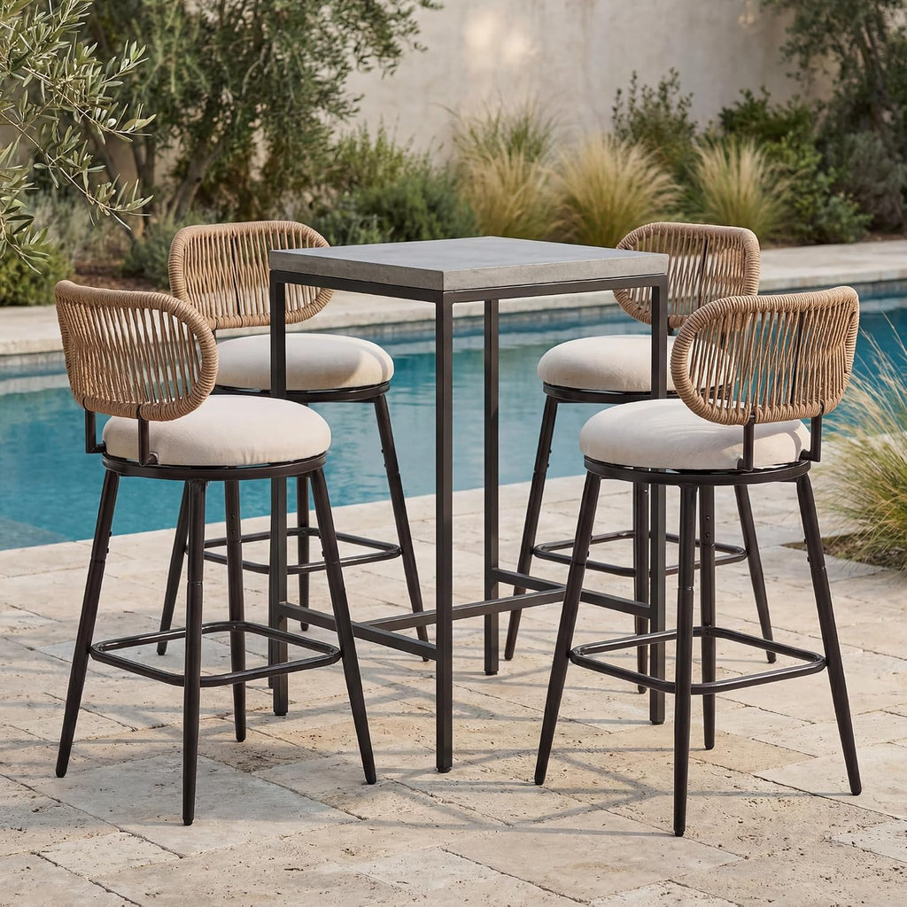 Swivel Outdoor Bar Chairs Set of 4, Hand-Woven Rope Patio Bar Stools with Removable & Washable Cushions, 360° Swivel Metal Frame, All-Weather High Top Chairs, 400 lbs Capacity, Beige