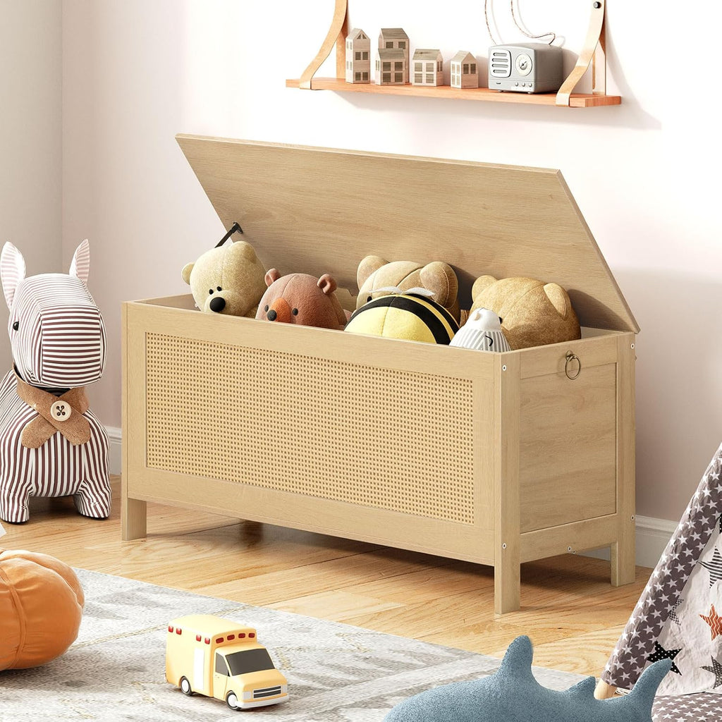 HOOBRO 39.4'' Storage Bench, Large Toy Box, Storage Chest with Faux Rattan Decoration, Toy Storage Organizer, Safety Hinge and Sturdy Support, for Living Room, Bedroom, Natural NL101CW01