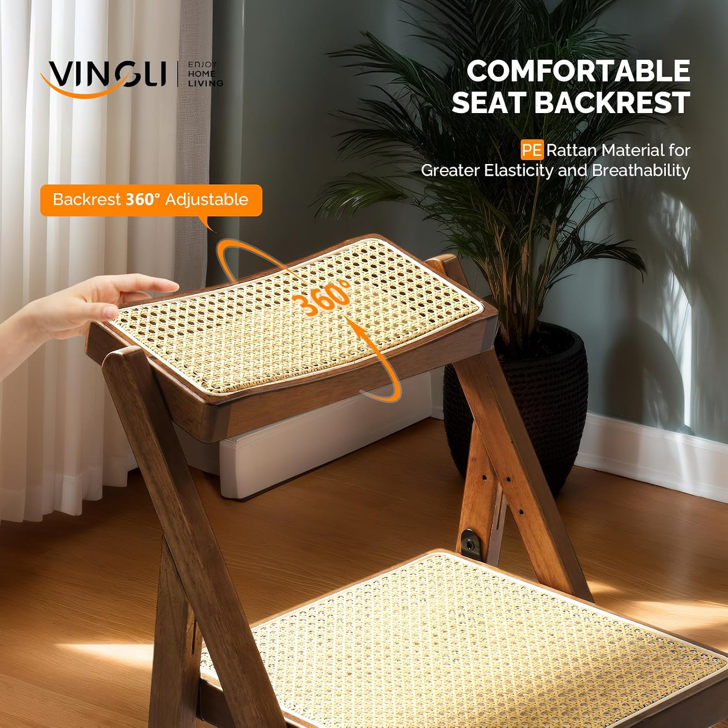 VINGLI 2 Pack Rattan Wooden Folding Chair, Dining Folding Chair with 360° Swivel Backrest, Sturdy Rubberwood Frame and Rattan Woven Seat and Back, Walnut, Set of 2