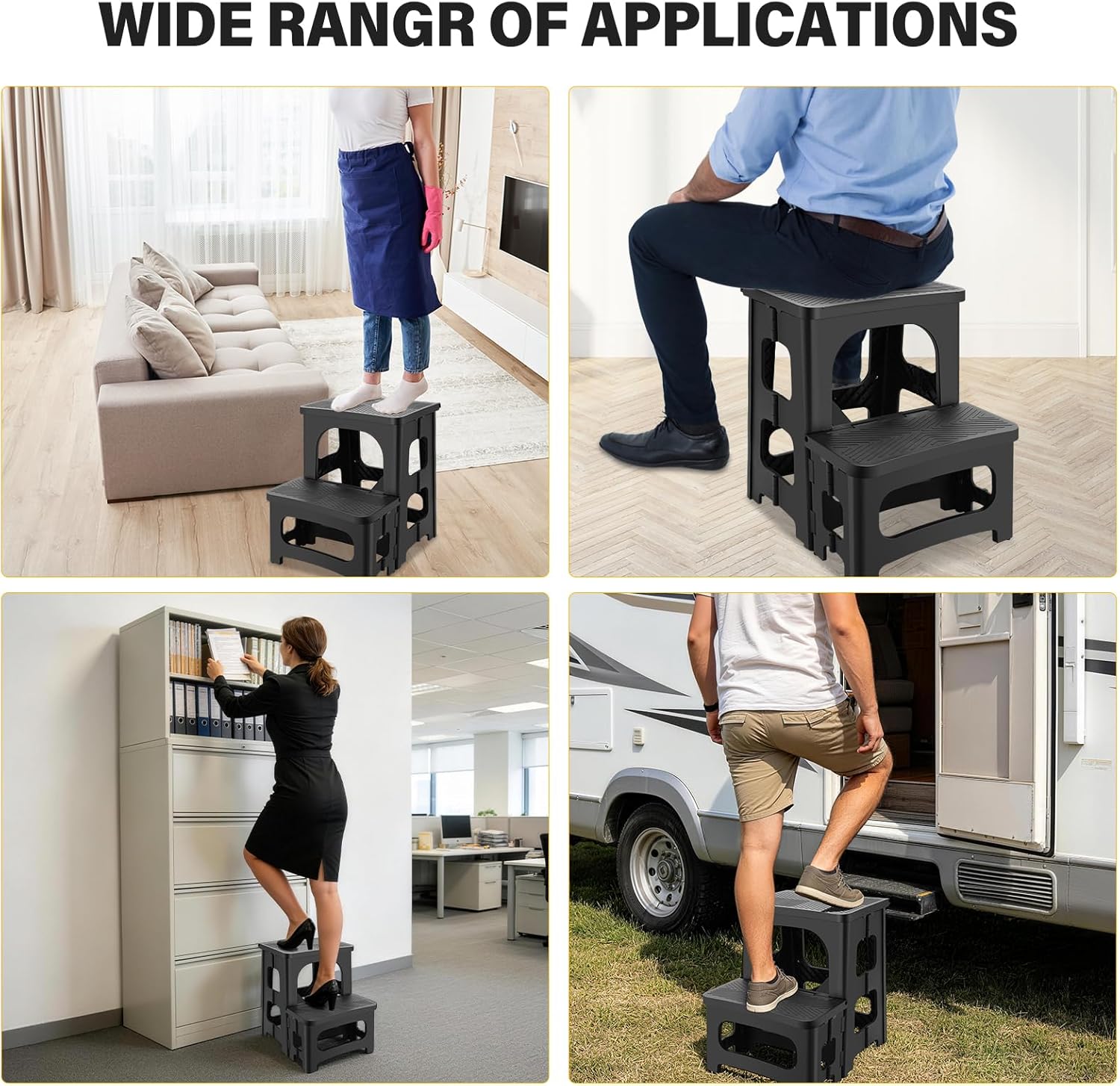Folding 2-Step Stool for Adults, Non-Slip Collapsible Footstool for Office, Portable Bedside Step Stool, Hold up to 300 lbs, Lightweight & Foldable Step Ladder for Pool Office Home RV