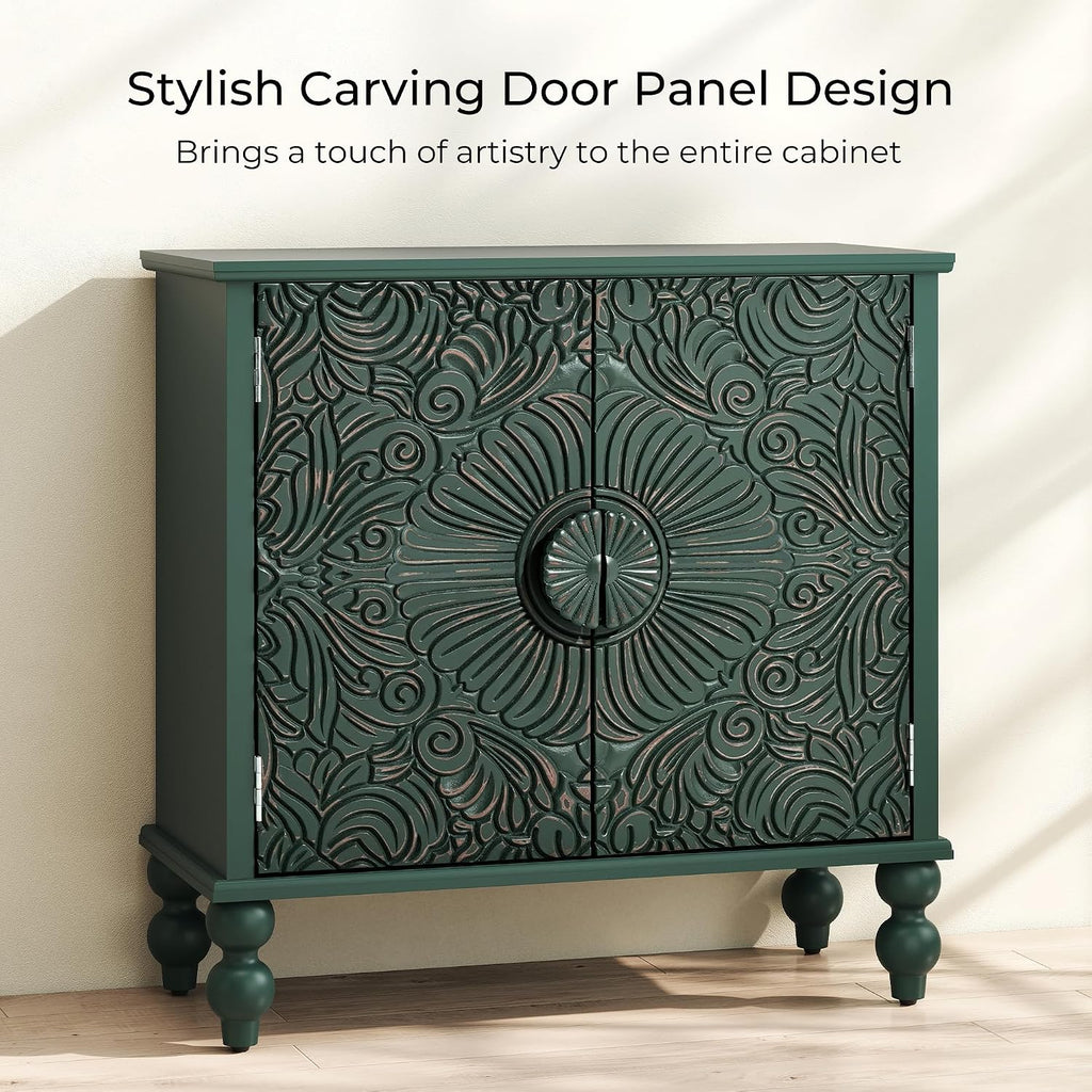 Buffet Cabinet with Storage, Accent Cabinet with 2 Carved Doors, Solid Wood Sideboard with Adjustable Shelf, Vintage Cabinets for Kitchen, Living Room, Entryway, Green