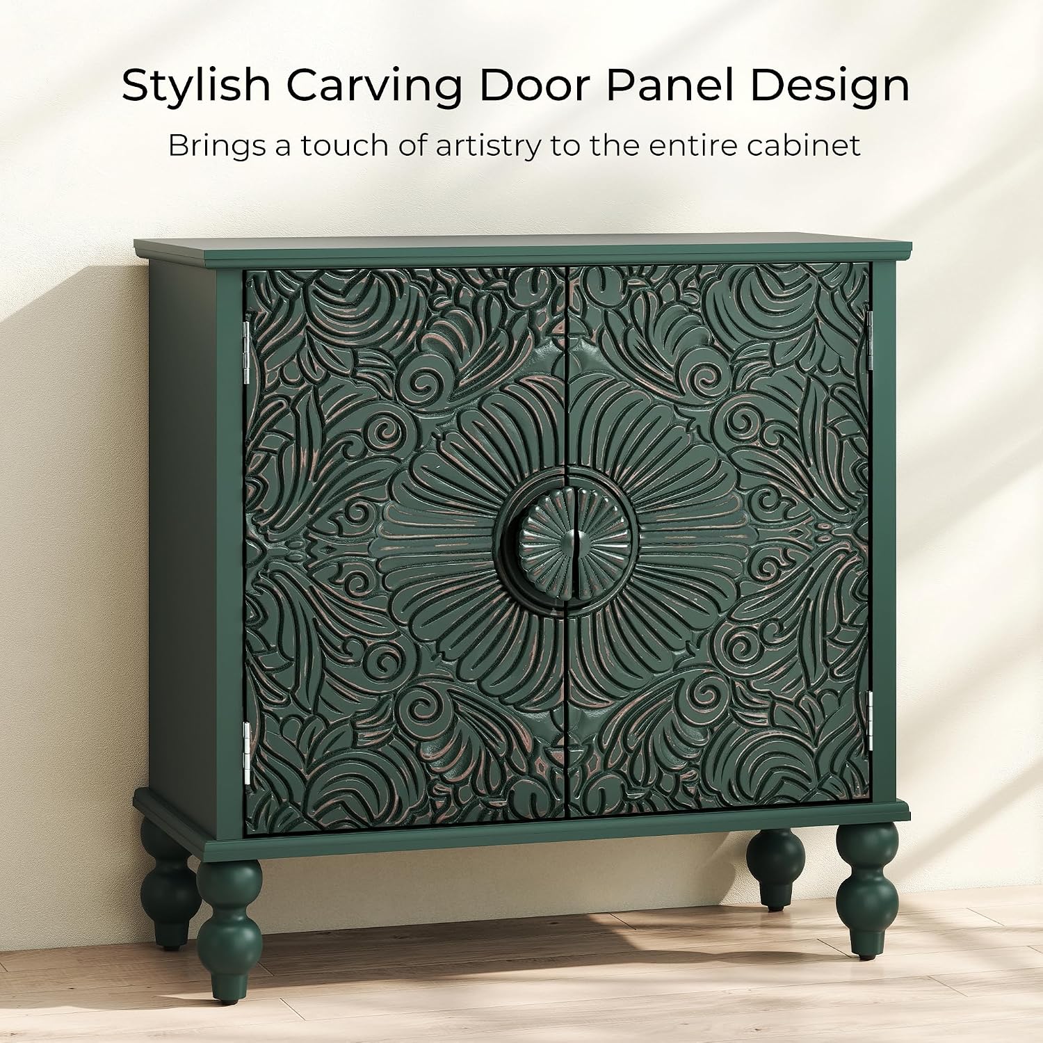 Buffet Cabinet with Storage, Accent Cabinet with 2 Carved Doors, Solid Wood Sideboard with Adjustable Shelf, Vintage Cabinets for Kitchen, Living Room, Entryway, Green