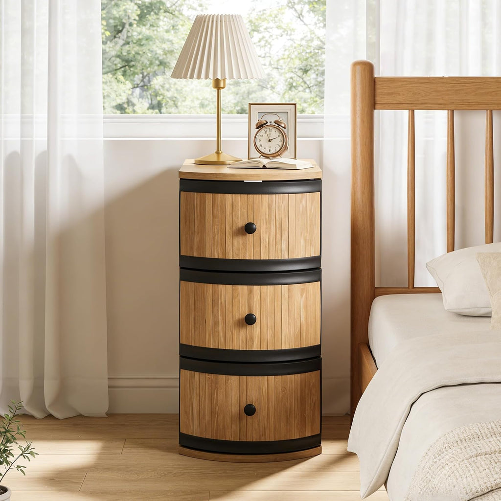 BERRYMERRY Narrow End Table Set of 2 with Charging Station, Modern Slim Nightstand Bedside Table with 3 Drawers for Bedroom Living Room, Natural, 11.81" W x 23.51" D x 23.62" H