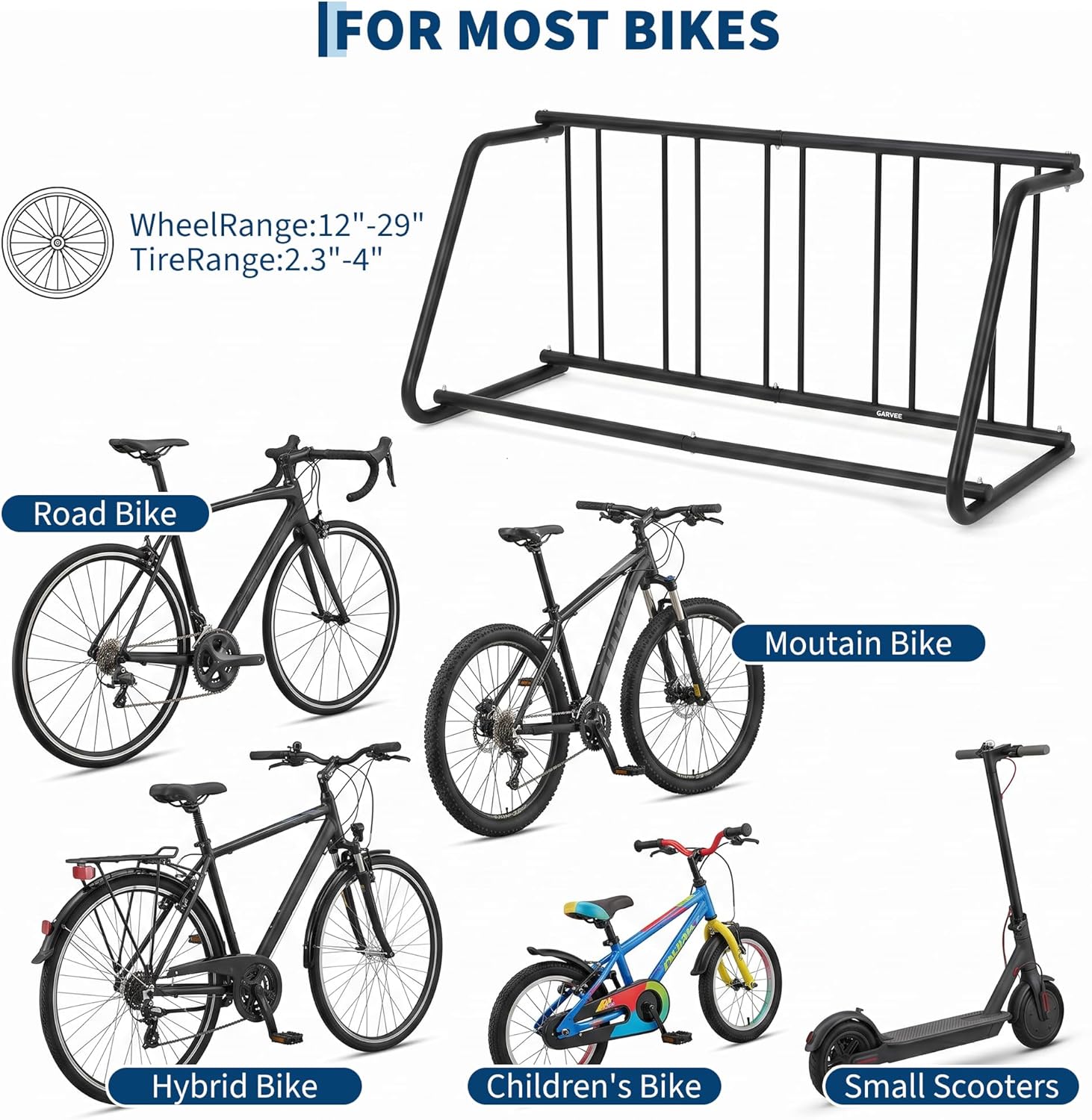 5-Bike Rack Stand, Single Sided Freestanding Metal Bicycle Storage Holder, Heavy-Duty Grid Bike Parking Organizer, Rustproof Steel Bike Stand for Garage Outdoor Home School