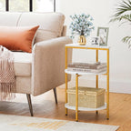 GOFLAME Gold End Table, Round Sofa Side Table with Storage Shelves 3-Tier, Metal Frame, Modern Bedside Tables, Narrow Compact Nightstand for Small Spaces, Living Room, Bedroom, White & Gold (2)