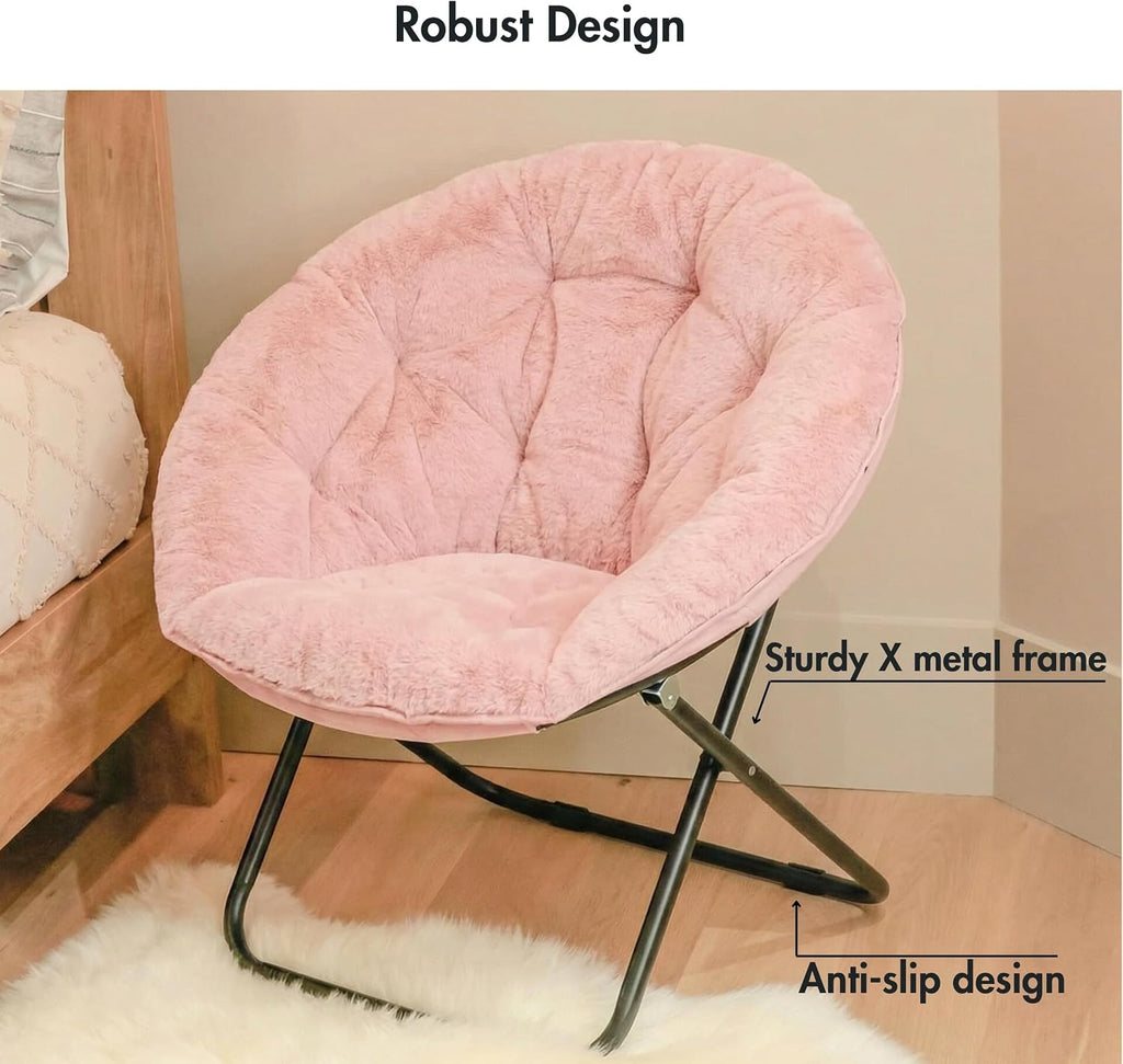 Comfy Faux Fur Saucer Chair for Adults, Foldable Moon Chair with Metal Frame, Soft Padded Lounge Chair for Bedroom, Dorm & Gaming, Large Cozy Circle Chair for Teens & Adults (Dusty Rose)