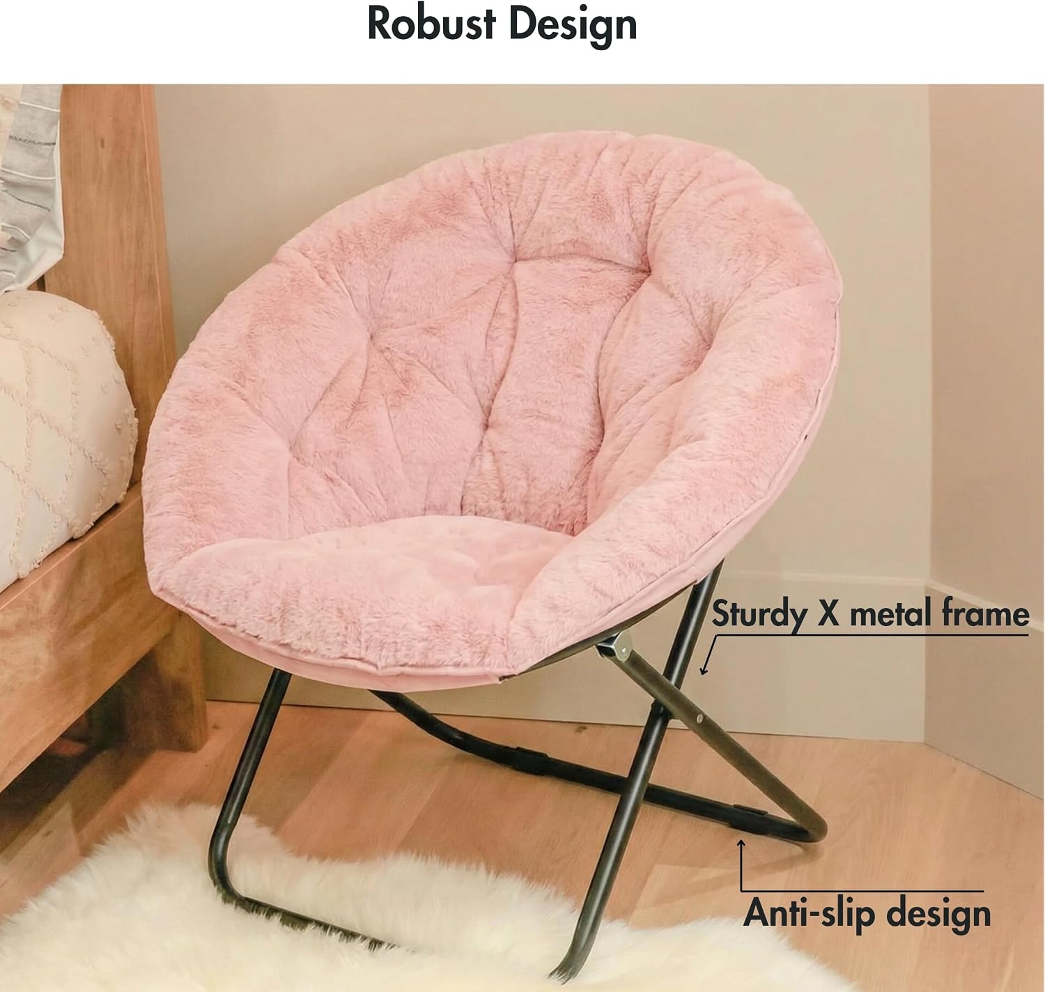 Comfy Faux Fur Saucer Chair for Adults, Foldable Moon Chair with Metal Frame, Soft Padded Lounge Chair for Bedroom, Dorm & Gaming, Large Cozy Circle Chair for Teens & Adults (Dusty Rose)