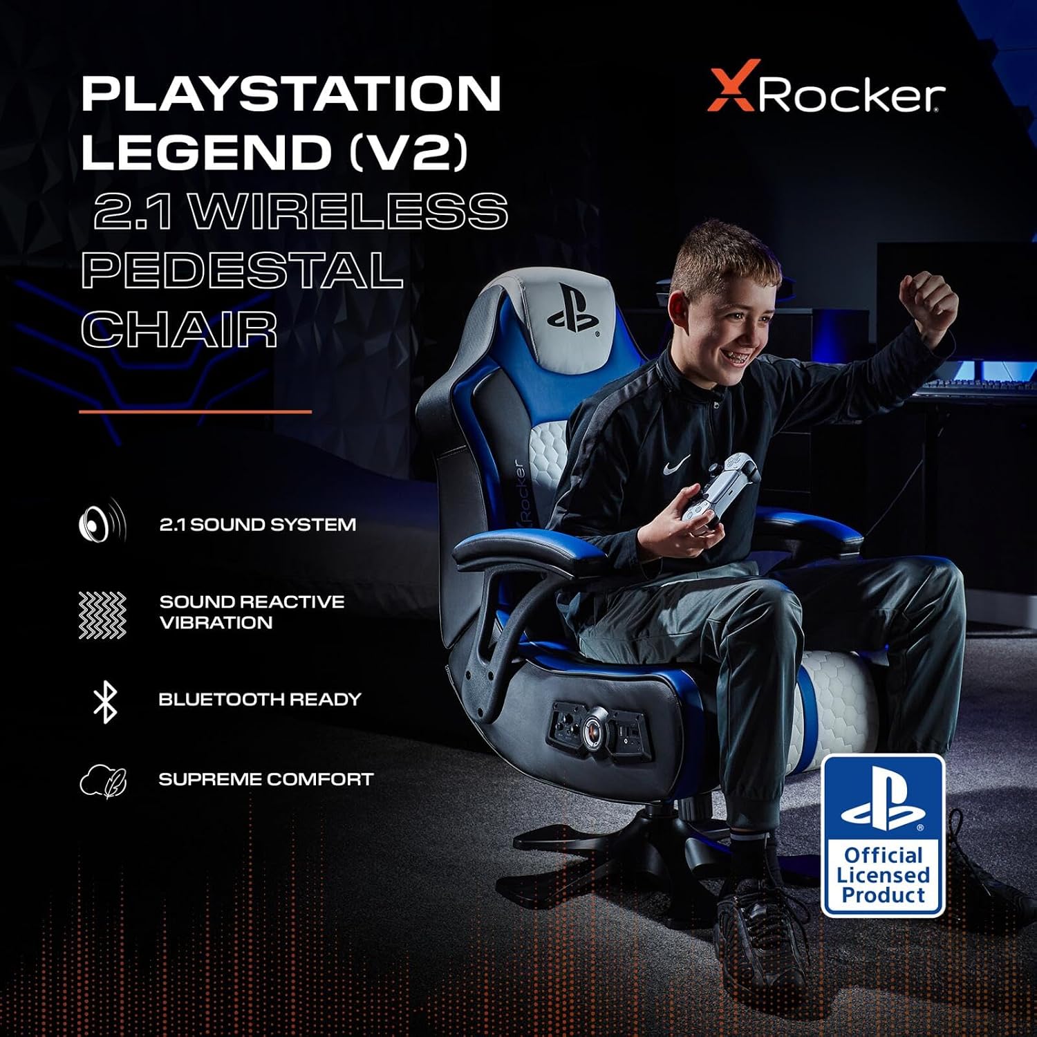 X ROCKER Playstation Legend 2.1 Gaming Chair with Speaker, Wireless Bluetooth Audio Console Gaming Chair, Voice Activated Vibration, Official Playstation for PS5 PS4 PC Mobile - WHITE BLUE BLACK