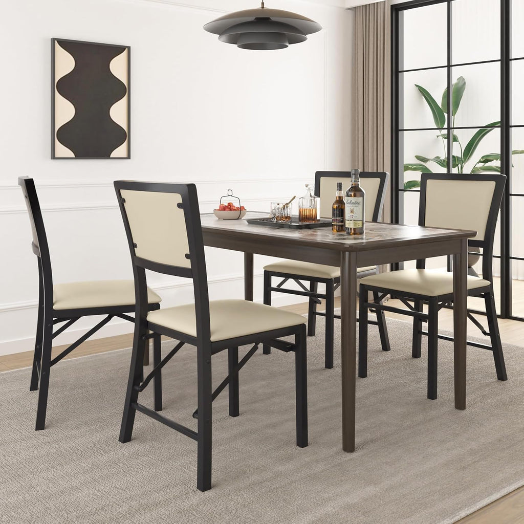 VECELO Folding Dining Chairs Set of 4, Metal Padded Foldable Seating with Comfortable Faux Leather, Space-Saving Portable Guest Seats for Kitchen & Office, No Assembly, Creamy Beige