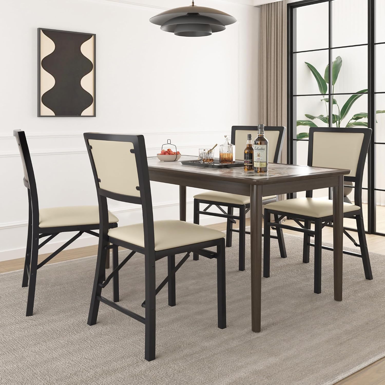 VECELO Folding Dining Chairs Set of 4, Metal Padded Foldable Seating with Comfortable Faux Leather, Space-Saving Portable Guest Seats for Kitchen & Office, No Assembly, Creamy Beige