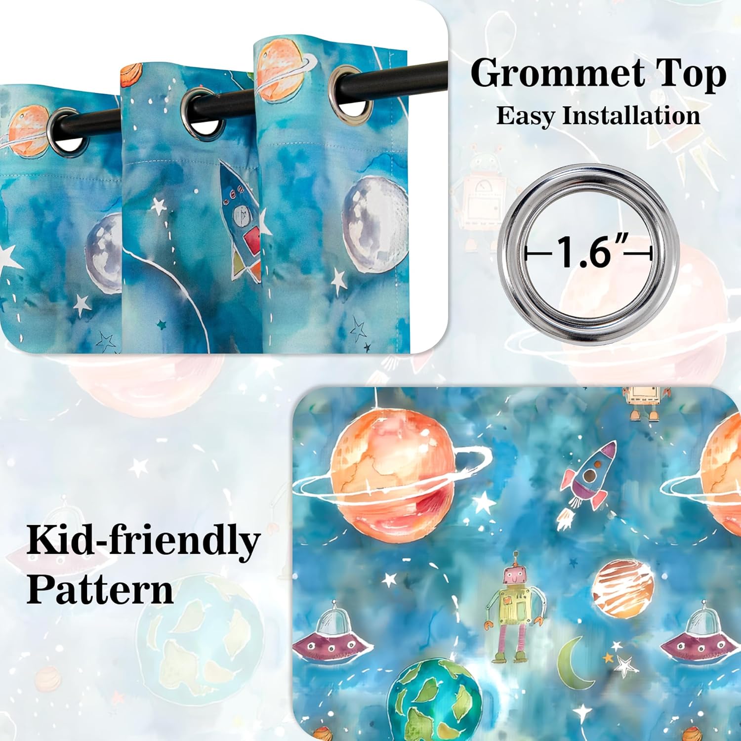 MYSKY HOME Boys Blackout Curtains 84 Inch Long 2 Panels Set 95% Light Blocking Noise Reduction Planet Astronaut Printed Grommet Drapes for Kids Nursery Bedroom Playroom, Each Panel 52" W, Blue