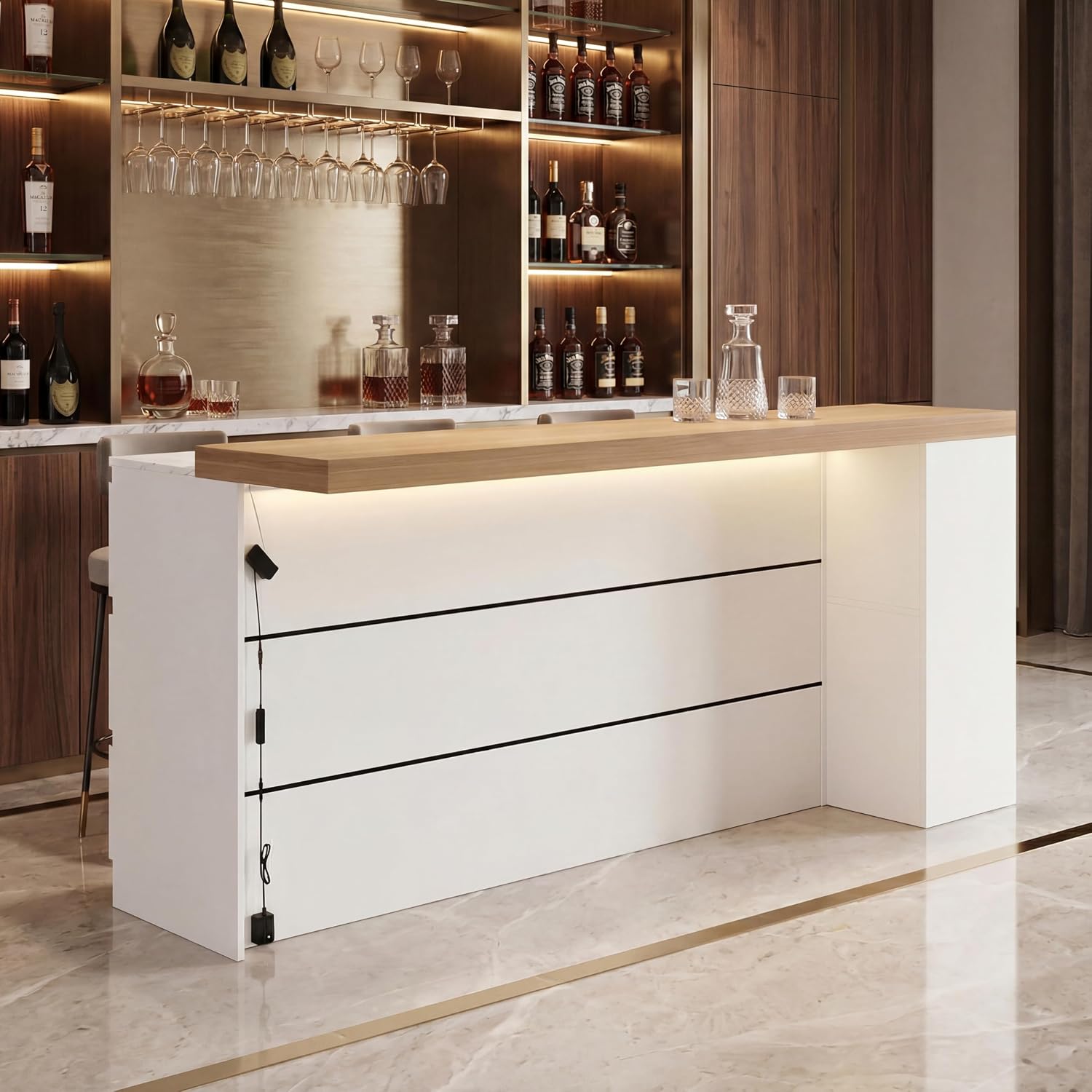 82.7" Large Bar Table Kitchen Station, Home Bar Unit with Lighting, 3 Drawers & 4 Shelves, Bar Cabinets Reception Desk for Home Pub Kitchen Storage, White & Marble Pattern