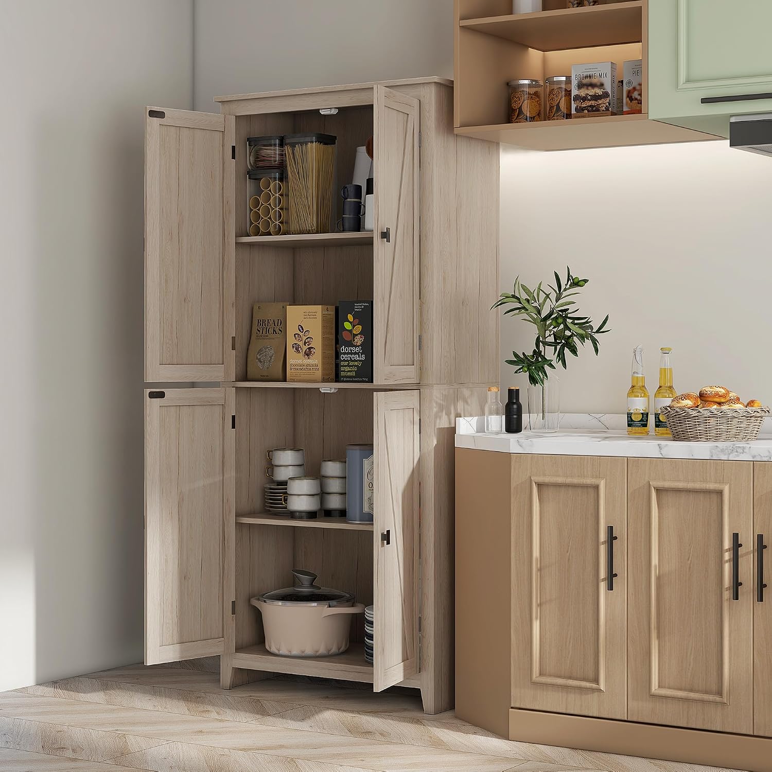 31.5" D*15.75" W*71.75" H Natural Wood Kitchen Pantry with 2 Shelves, 2 Double Doors, Farmhouse Rectangular Storage Cabinet, for Living Room, Dining Room