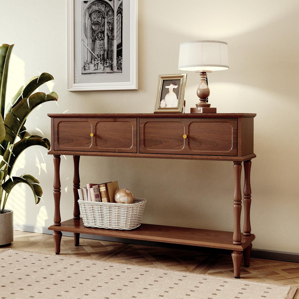 ARTPOWER Console Table with Drawers for Entryway, Mid-Century Entryway Table with Storage, Brown Narrow Entryway Table with Open Shelf Behind Sofa for Living Room, Foyer, Hallway