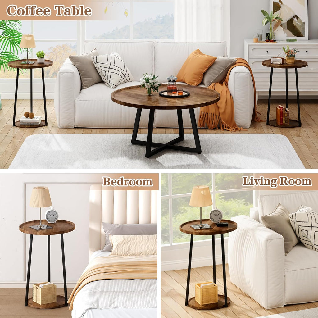 AWQM Coffee Table and End Table Sets, Round Coffee Table Set & 2 End Side Tables, Easy Assembly Vintage Living Room Table Set of 3, Suitable for Offices, Living Rooms and Apartments, Walnut