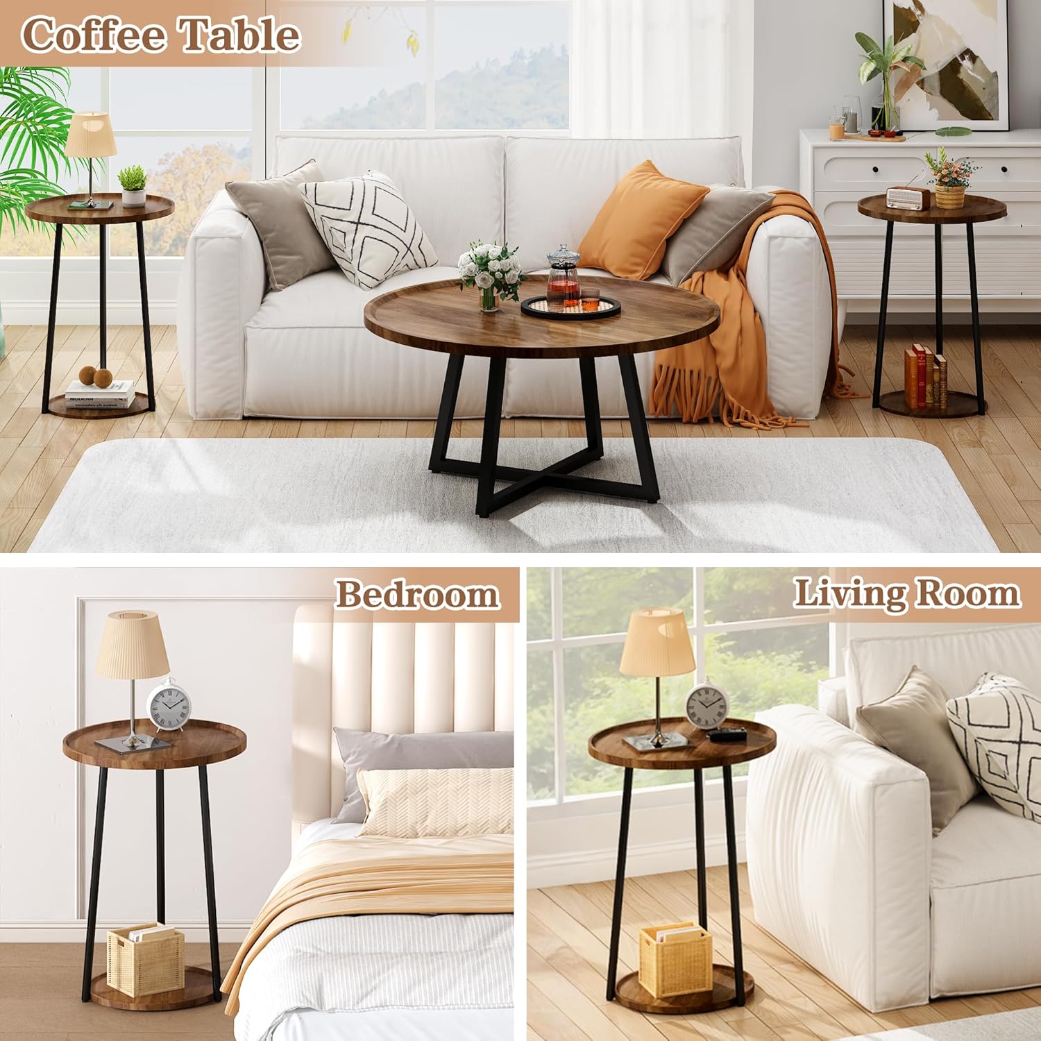 AWQM Coffee Table and End Table Sets, Round Coffee Table Set & 2 End Side Tables, Easy Assembly Vintage Living Room Table Set of 3, Suitable for Offices, Living Rooms and Apartments, Walnut