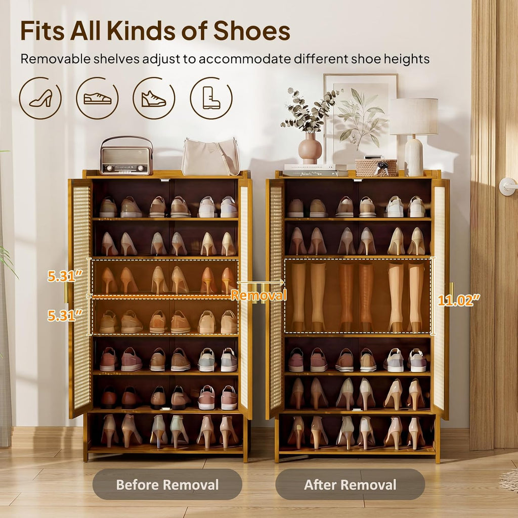 Shoe Cabinet with Doors, 7-Tier Bamboo Shoe Storage Cabinet for Entryway, Freestanding Shoe Rack Cabinet for Hallway Apartment, 43" Tall Modern Farmhouse Style, Holds 24 Pairs，Brown