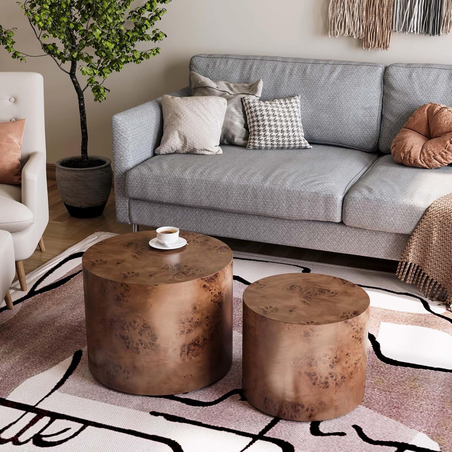 Nesting Coffee Table Set of 2, Modern Round Coffee Table and End Table Set, Brown Burl Center Table Circle Side Table for Living Room Bedroom Office