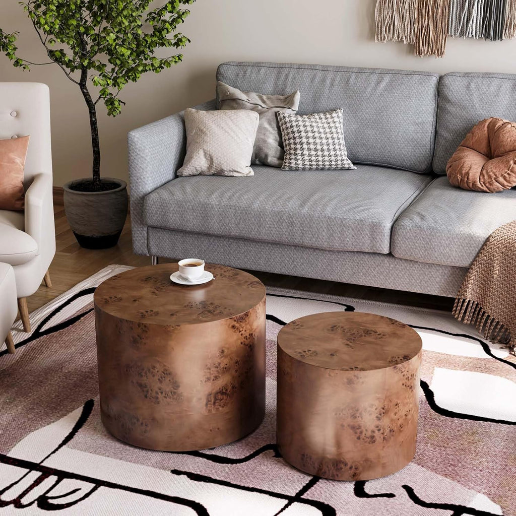 Nesting Coffee Table Set of 2, Modern Round Coffee Table and End Table Set, Brown Burl Center Table Circle Side Table for Living Room Bedroom Office