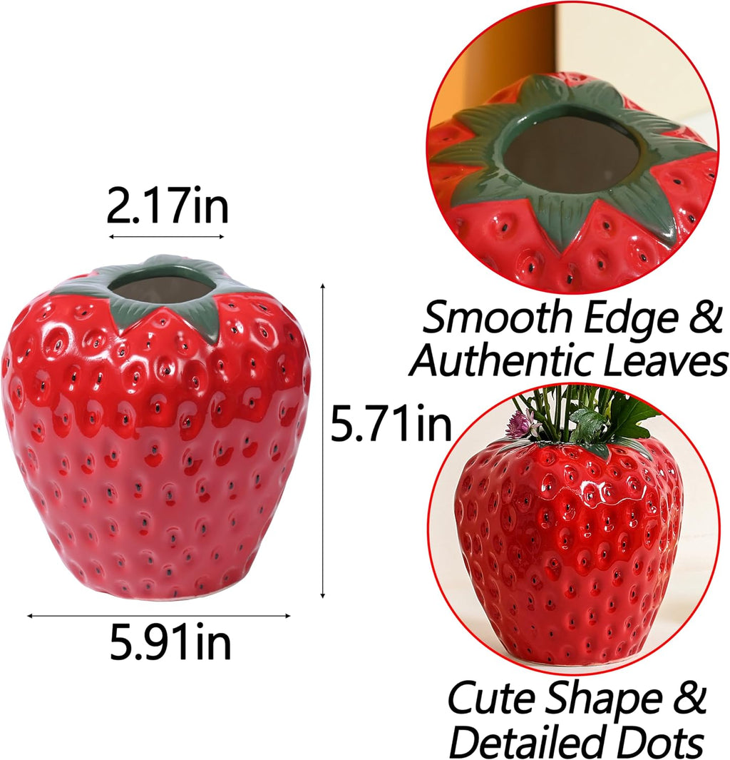 AOMOONOA Red Strawberry Vase for Flowers, Decorative Ceramic Fruit Vase, Strawberry Shaped Planter Pot with Green Leaves and Black Seeds for Table Centerpiece, Home Spring Kitchen Decor