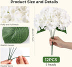 Auihiay 12 Bundles Hydrangea Artificial Flowers for Outdoors and Indoor, UV Resistant White Hydrangeas, Faux Silk Hydrangea Flowers for Porch, Yard, Patio, Outdoors Wedding, Home Decoration