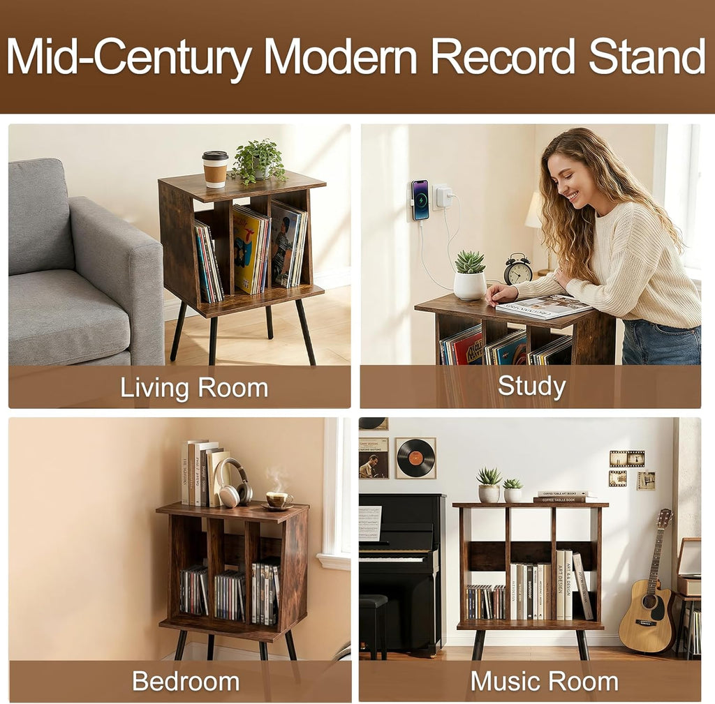 Record Player Table, Vinyl Record Stand, Vinyl Record Holder with Legs, Mid Century Modern Side Table for Record, Magazine, Books