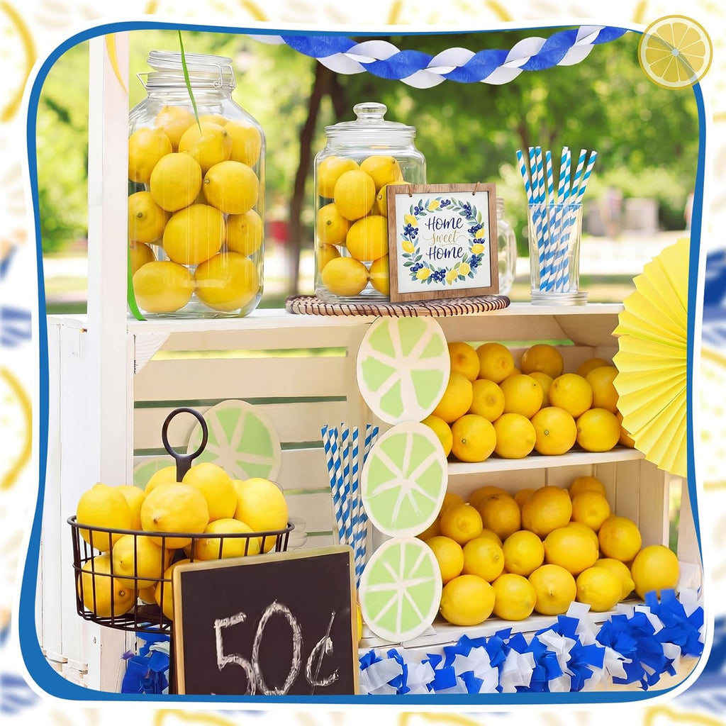 Norme 63 Pcs Artificial Lemon Decoration for Home Centerpiece, Faux Yellow Lemons, Artificial Fake Lemon Leaves and Wooden Desktop Sign Decor for Home, Kitchen, Party Decor, Photography Props