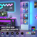 VersionTECH. Glass Display Cabinet, 4-Tier Curio Cabinet with RGB Lights for Collectibles, Corner Display Case with Drawers, Adjustable Glass Shelves, Human Body Sensor, Mirror Backing, White