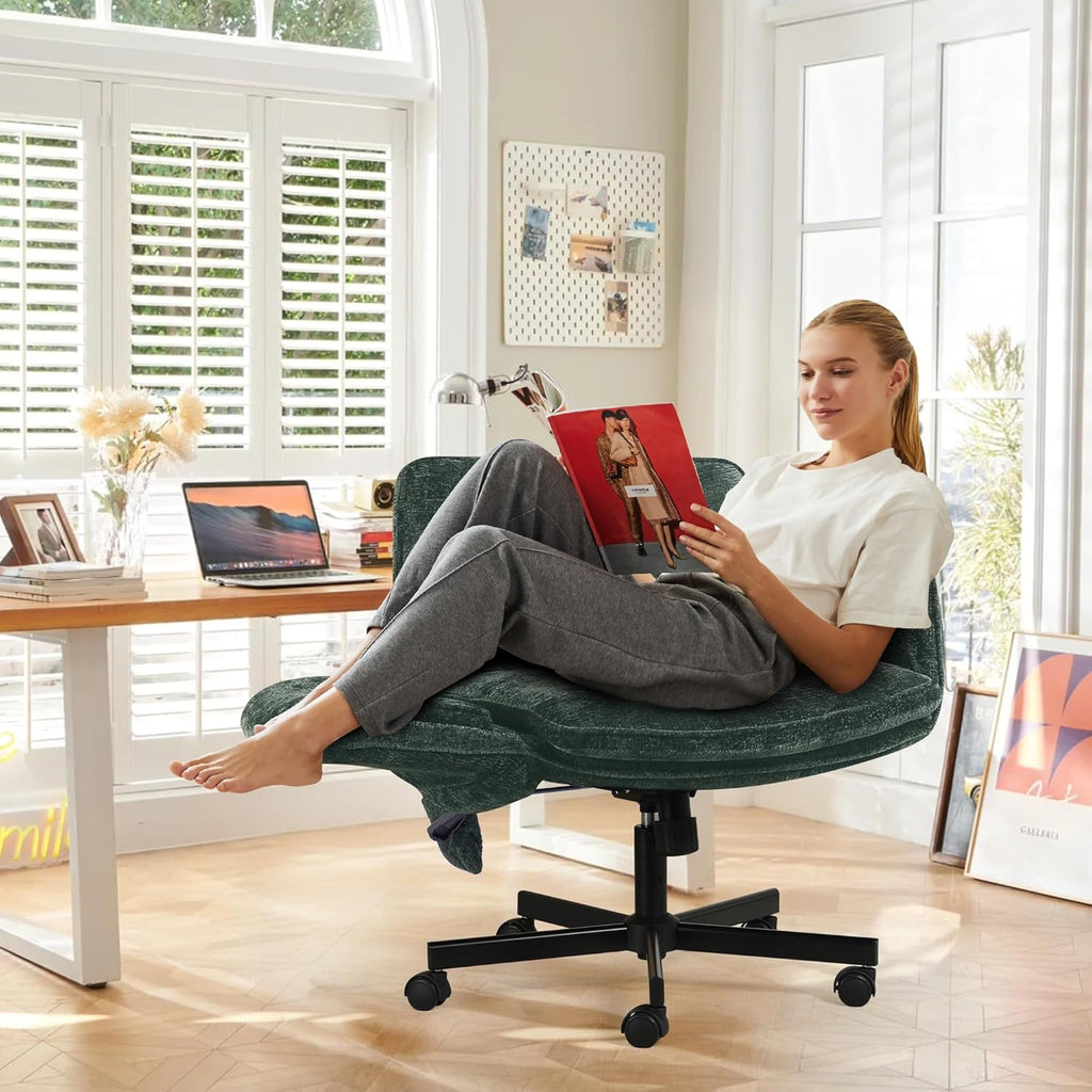 Criss Cross Chair with Lumbar Airbag & Folding Arms Relieve Back Pain, Wide Cross Legged Office Chair for Home Office, Comfy Swivel Desk Chair with Wheels, 5 Level Adjustable Armrest, Chenille(Green)