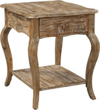Austerity 20-Inch Rectangular Rustic Solid Wood End Table with Drawer and Shelf – Cedar Wood, Driftwood Finish, Queen Anne Legs, Scalloped Edges – Living Room Accent Table by Alaterre Furniture