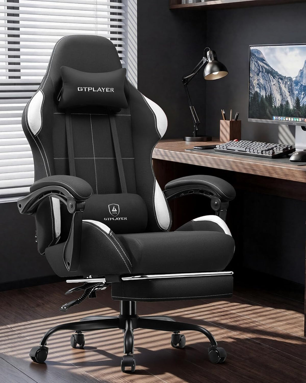 GTPLAYER Gaming Chair Fabric with Pocket Spring Cushion,Computer Office Chair with Lumbar Support for Adults Linkage Armrests and Footrest Ergonomic Gamings Chairs Height Adjustable Black