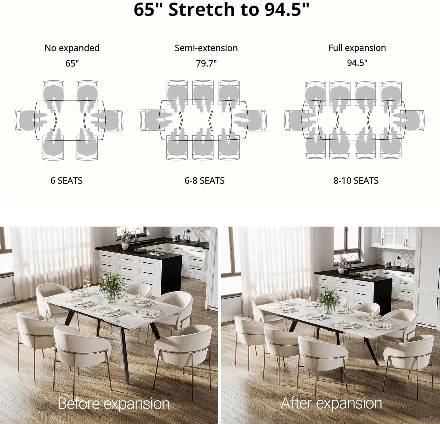 Extendable Dining Table with Leaf, 78"-110" Rectangular Sintered Stone, Marble-Look Top, Seats 6-14, Metal Base, Easy-Clean, Heat & Scratch Resistant, Dining Room/Kitchen Table for Family Gatherings