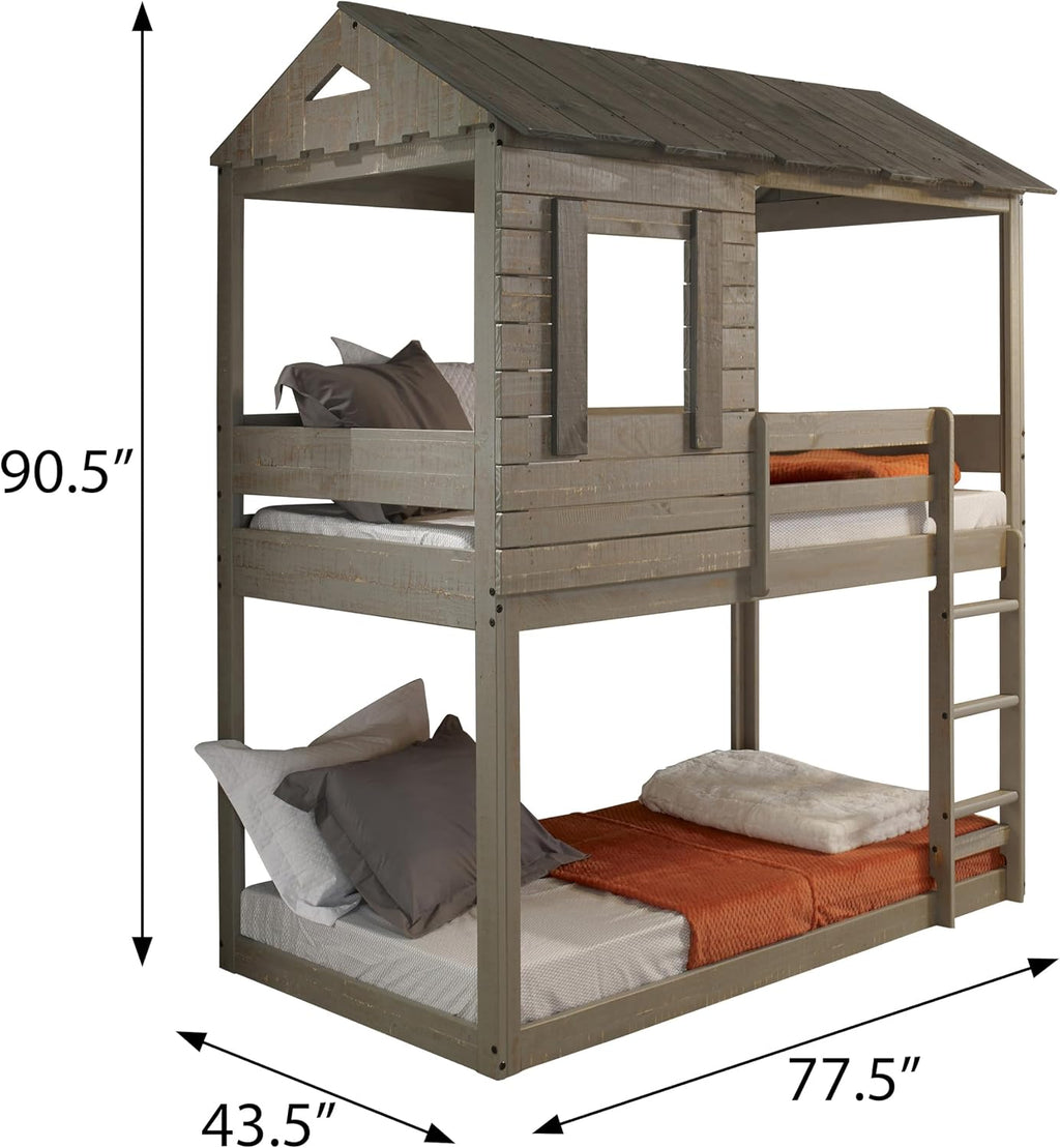 Rustic Grey Twin Over Twin Bunk Bed with Built in Ladder