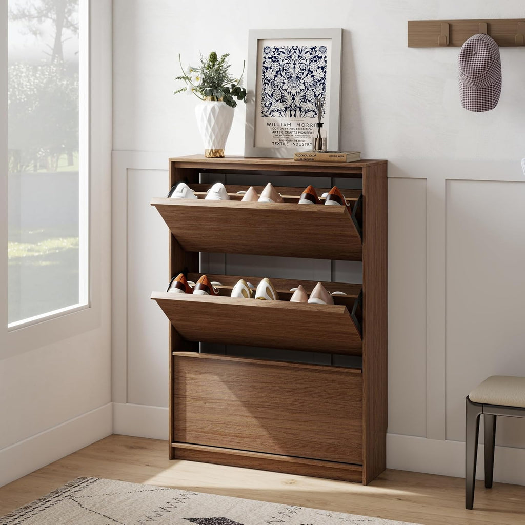 Shoe Cabinet with 3 Flip Drawers, 31.5" W Narrow Shoe Storage Cabinet for Entryway, Slim Shoe Organizer with Adjustable Shelves, Freestanding Shoe Rack for Hallway, Living Room, Walnut
