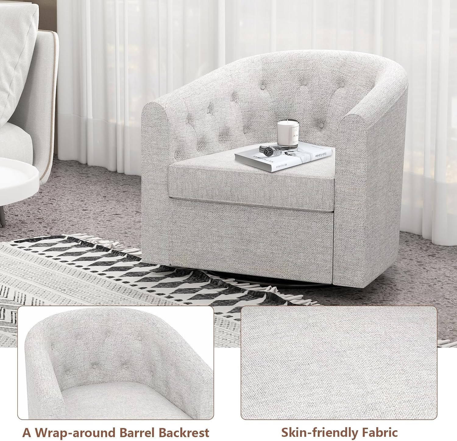 Simore Swivel Barrel Accent Chair Set of 2, Breathable Fabric Round Swivel Cuddle Chair Armchair for Nursery Living Room Bedroom Office, Light Gray
