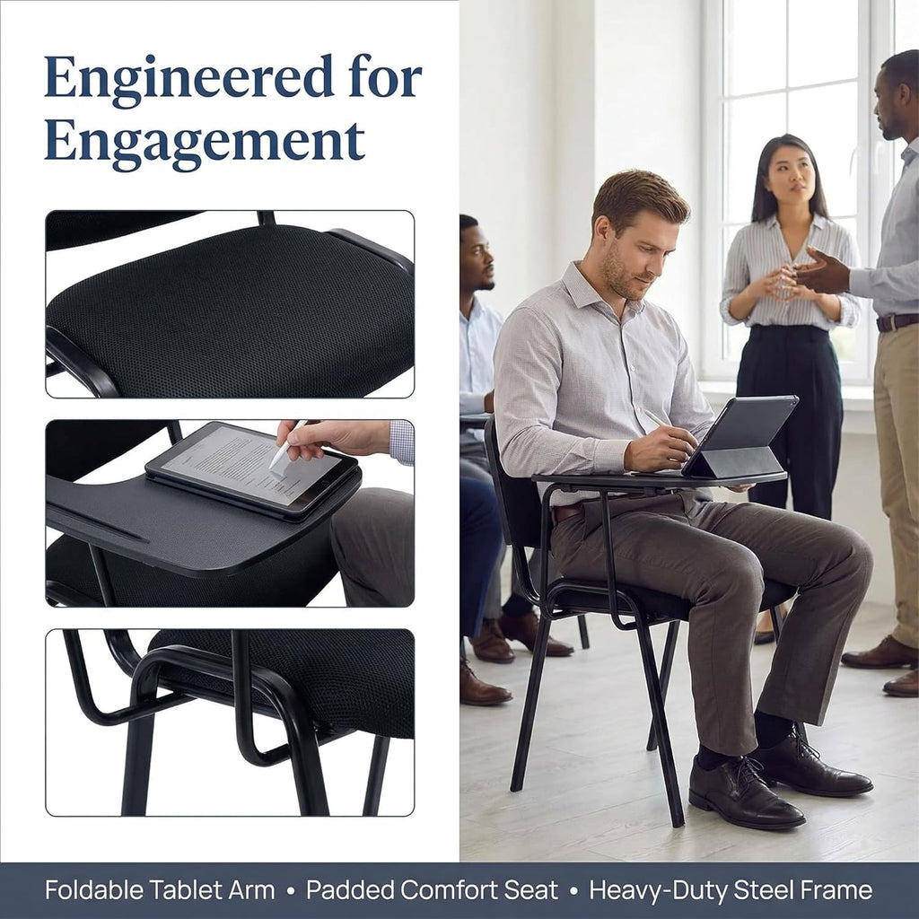 HNY Black Tablet Arm Chairs Set of 5, Mesh Office Waiting Room Guest Nesting Stacking Chairs, Reception Chairs with Flip-Up Table Conference Chair for School Classroom Training Meeting Room