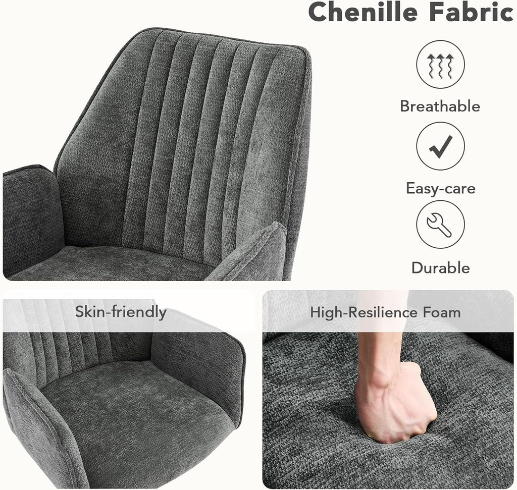 Furniliving Swivel Dining Chairs Set of 2, Upholstered Dining Room Chairs with Arms, 360° Swivel Dining Chairs with Metal Frame, Modern Kitchen Chairs for Lounge, Chenille, Darkgrey