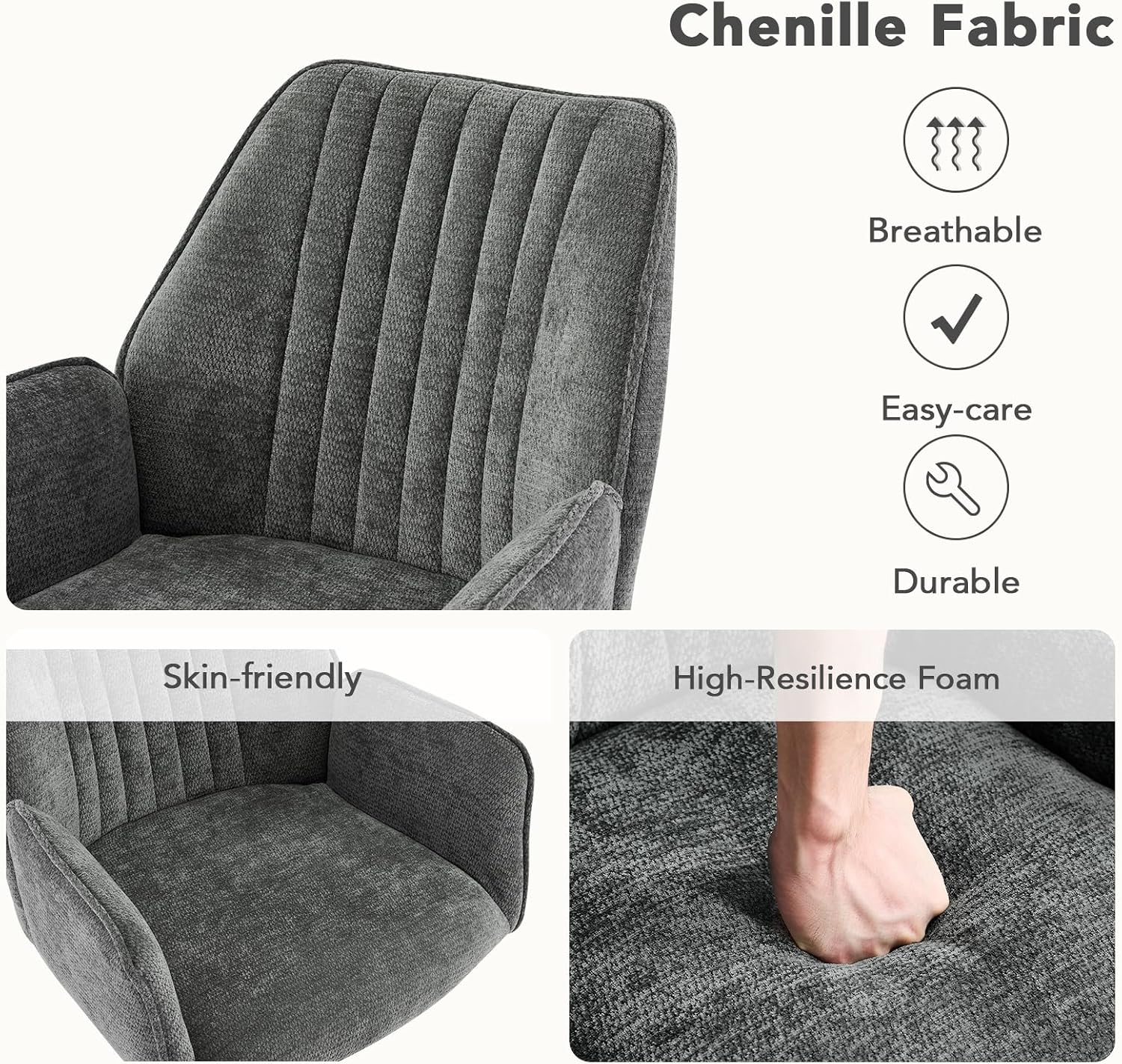 Furniliving Swivel Dining Chairs Set of 2, Upholstered Dining Room Chairs with Arms, 360° Swivel Dining Chairs with Metal Frame, Modern Kitchen Chairs for Lounge, Chenille, Darkgrey