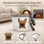 French Bulldog, Pug & Boston Terrier Dog Toy Basket, 15x11 Inch Woven Cotton Rope Storage Bin with Puppy Patch, Large Pet Organizer for Toys, Blankets, Leashes, Living Room Decor (Brown/Beige)