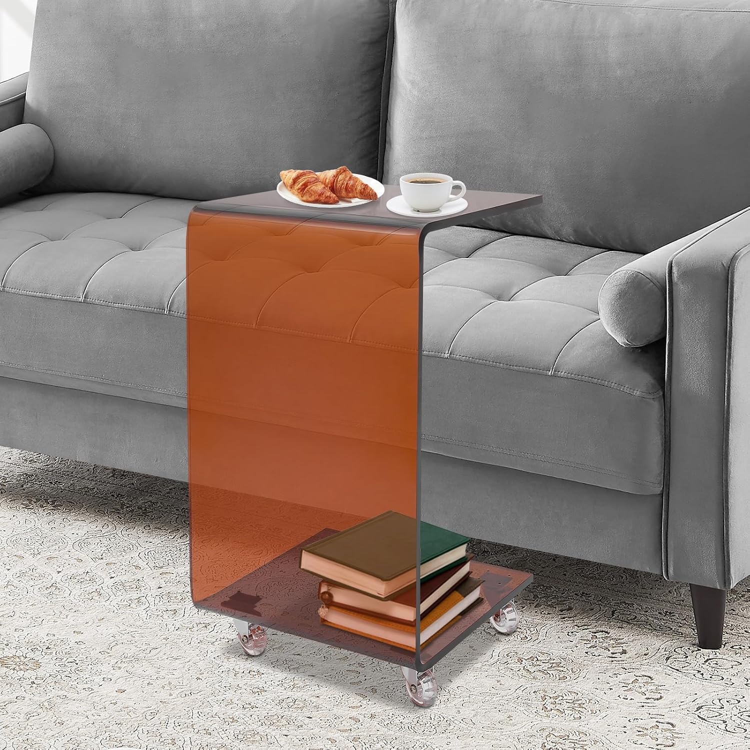 Acrylic End Table, C-Shaped Side Table Nightstand with 4 Wheels, Movable Small Side Table Laptop Desk for School Office Home Bedroom, 13.38" D x 14.17" W x 21.65" H (Tea)