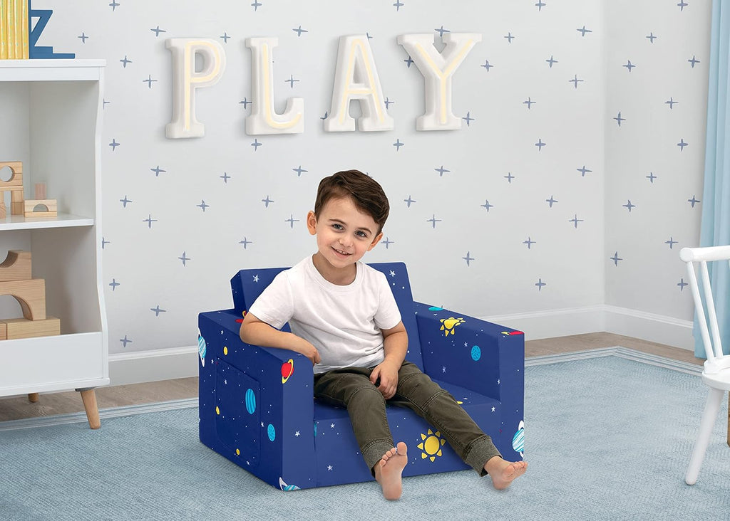 Delta Children Cozee Kids Couch 2-Seater Kids Sofa, Convertible 2-in-1 Flip Open Toddler Couch Sleeper, Foam Chair for Playroom & Bedroom, Bed Lounger, Comfy Play Sleeping Lounge Chair, Space Theme