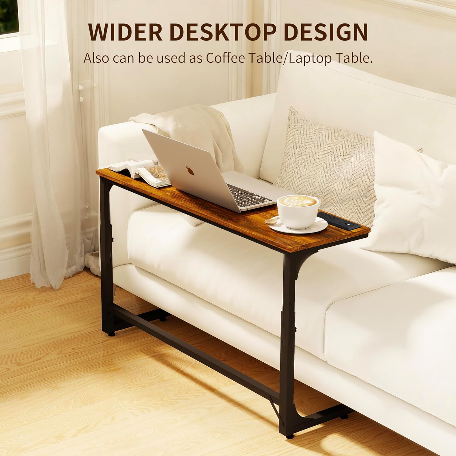 2 Pack Wide Behind Couch Table with Charging Station, 11.8" Deep C-Shaped Sofa Table, 78.8" Long Narrow Console Table with Adjustable Height (25"-33"), USB-C & Outlets, Rustic Brown