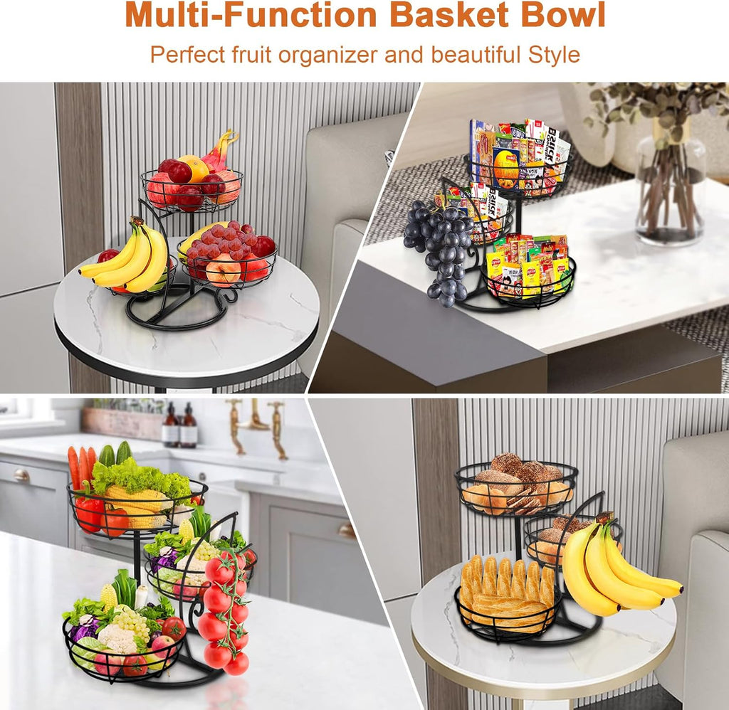Livabber Fruit Basket Bowl with Banana Hanger, Fruit Vegetable Storage Basket with Banana Tree Holder for Kitchen Counter, Detachable Organizer for Bread Snack Produce (Black, 3-Tier Metal Base)
