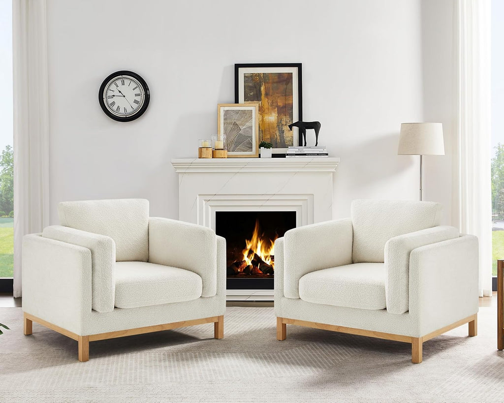 VANOMi Oversized Accent Chair Set of 2, Modern Upholstered Chairs | Boucle Reading Chair with Solid Wood Legs and 400 lbs Capacity, Cozy Seating for Living Room, Bedroom & Office, Ivory White