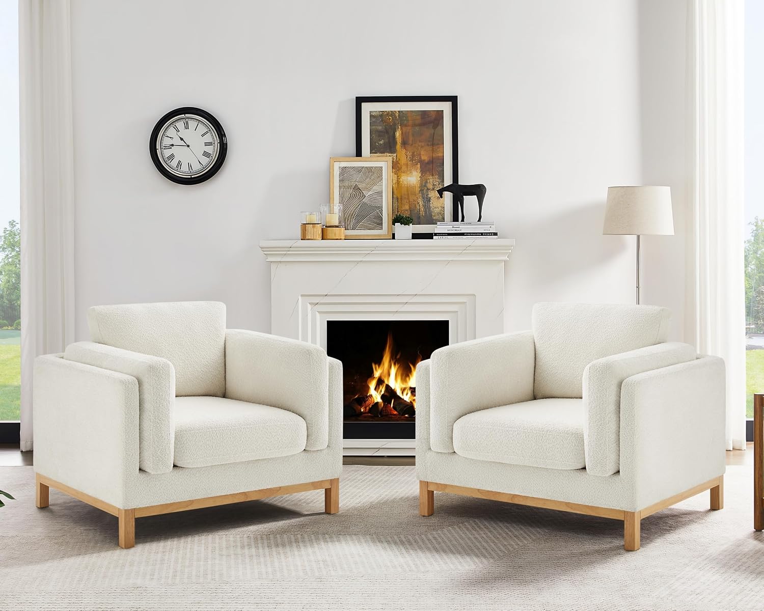 VANOMi Oversized Accent Chair Set of 2, Modern Upholstered Chairs | Boucle Reading Chair with Solid Wood Legs and 400 lbs Capacity, Cozy Seating for Living Room, Bedroom & Office, Ivory White