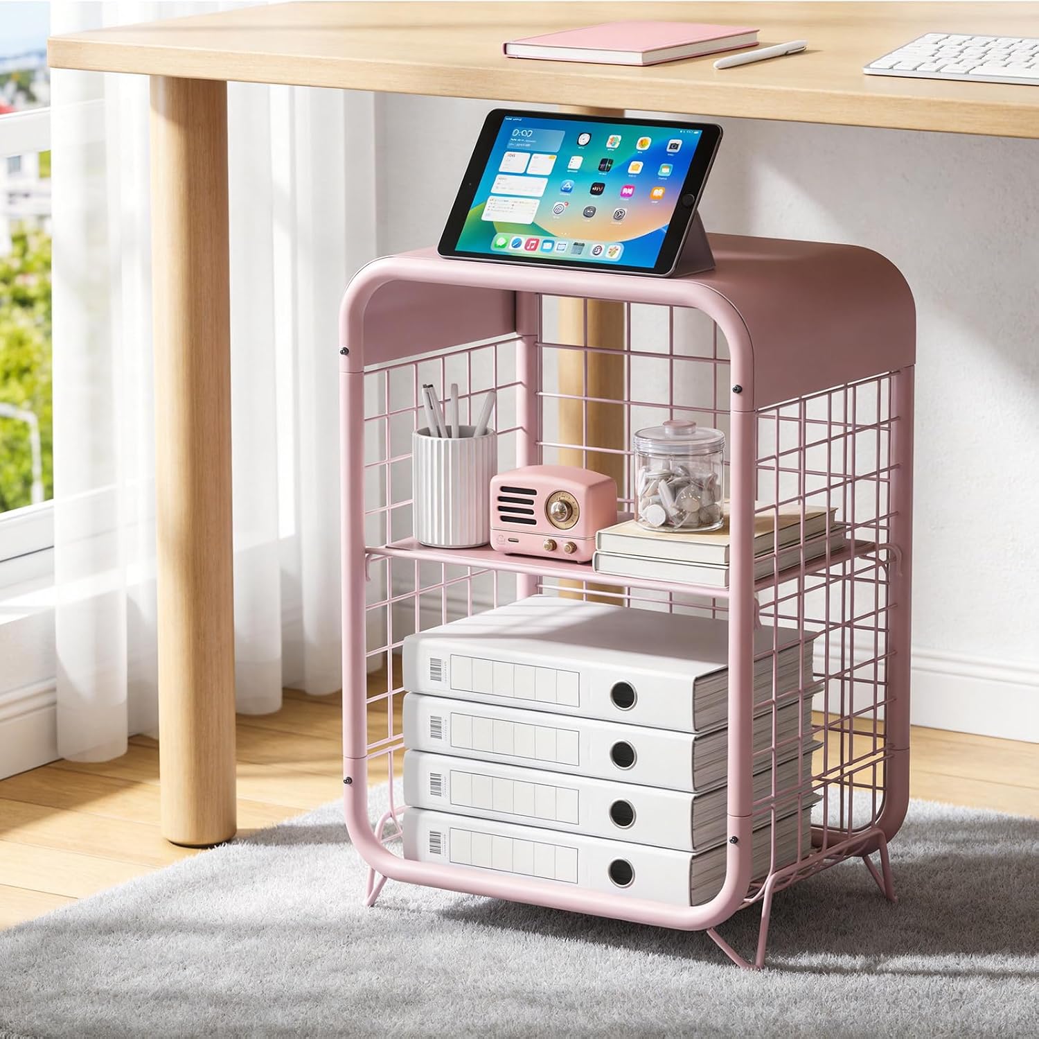 End Table with Storage, 3-Tier Small Side Table for Bedroom & Living Room, Metal Nightstand for Girls Room, Narrow Bedside Table, Modern Living Room Decor Furniture, Pink
