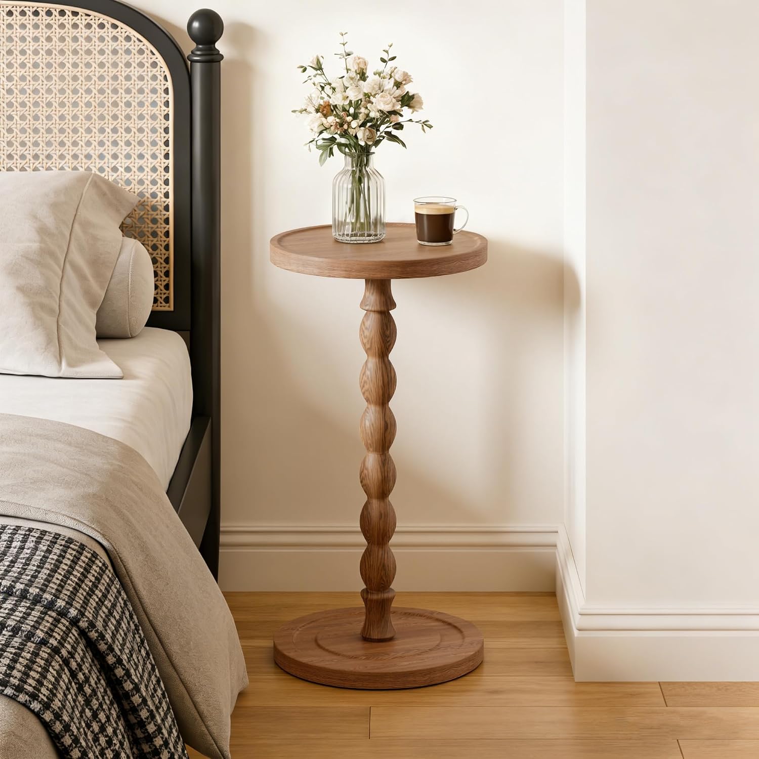 Small Side Table, Rubberwood‌ Drink Table for Small Spaces, Solid Wood Pedestal Coffee Tables, Round End Tables for Living Room, Sofa Couch, Bedroom, Corners, and Office (Brown, 11.81 inch)