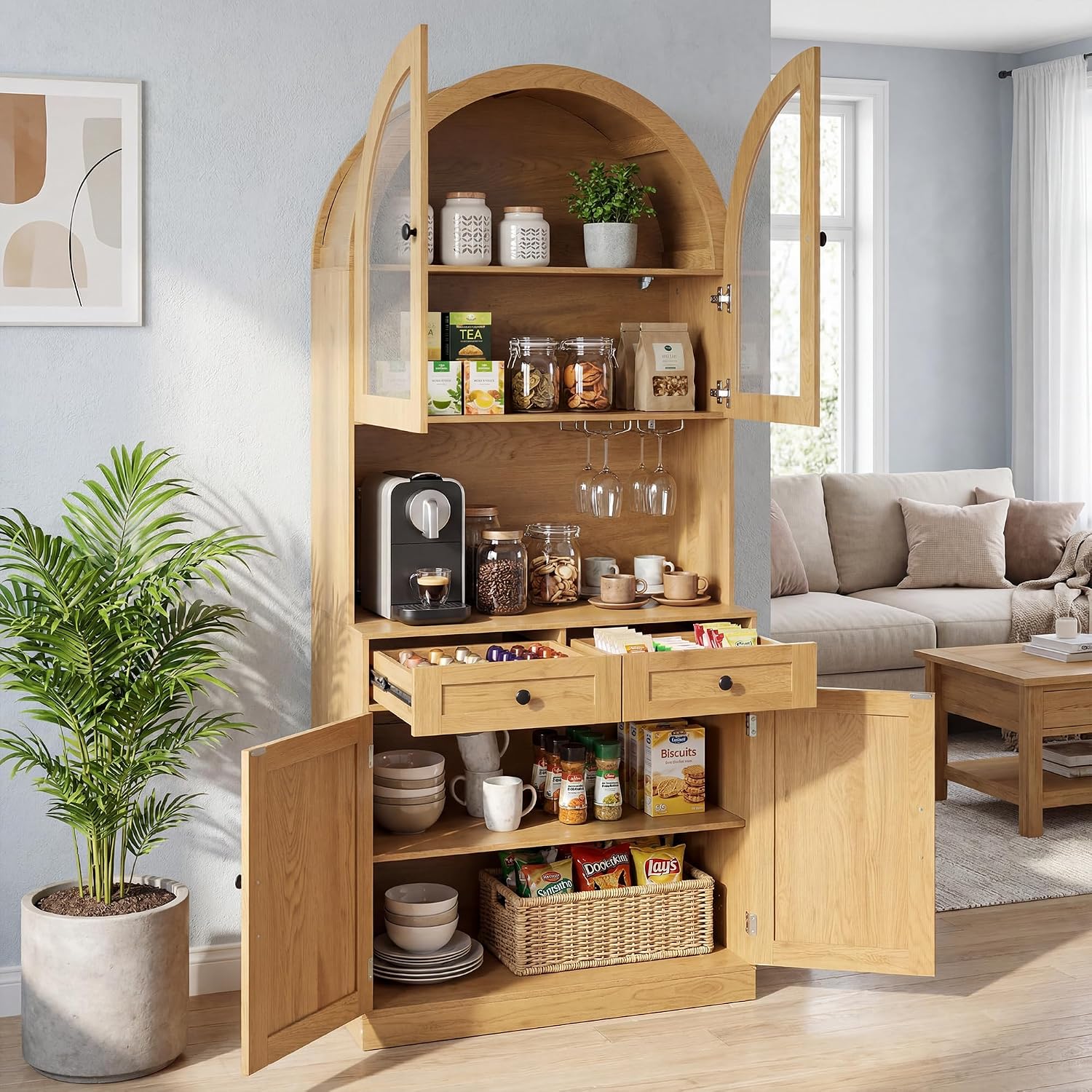 Farmhouse Pantry Cabinet w/Charging Station, Oak | Adjustable Shelves & Open Countertop, Cup Holder & 2 Drawers 75" Tall Arched Coffee Bar for Kitchen Dining Room Living Room