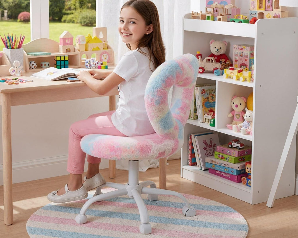 HNY Kids Desk Chair with Wheels, Cute Furry Vanity Chair with Hollowed Heart-Shape Back Adjustable Rolling Computer Study Task Chair for Girls, Fluffy Faux Fur Kids Swivel Chair for Bedroom, Colorful