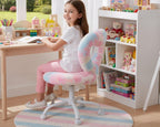 HNY Kids Desk Chair with Wheels, Cute Furry Vanity Chair with Hollowed Heart-Shape Back Adjustable Rolling Computer Study Task Chair for Girls, Fluffy Faux Fur Kids Swivel Chair for Bedroom, Colorful